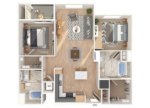 Floor plan for 2 beds, 2 baths, 1071 sqft